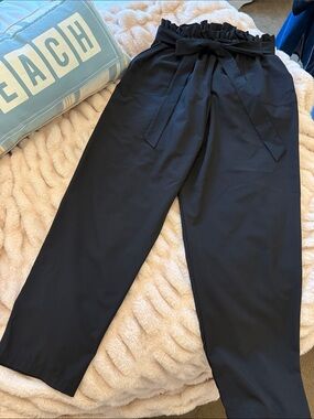 Albion High-Rise Black Gathered Waist Straight-Leg Pants with Self Tie Size L